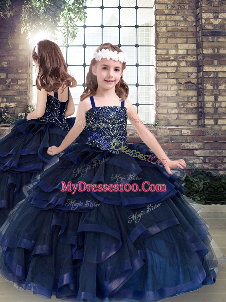 Navy Blue Ball Gowns Tulle Sweetheart Sleeveless Beading and Ruffles Floor Length Lace Up Quinceanera Dresses