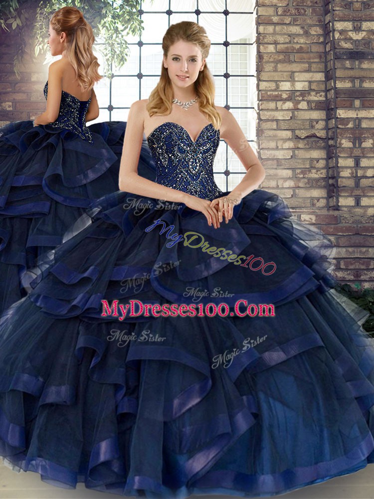Navy Blue Ball Gowns Tulle Sweetheart Sleeveless Beading and Ruffles Floor Length Lace Up Quinceanera Dresses