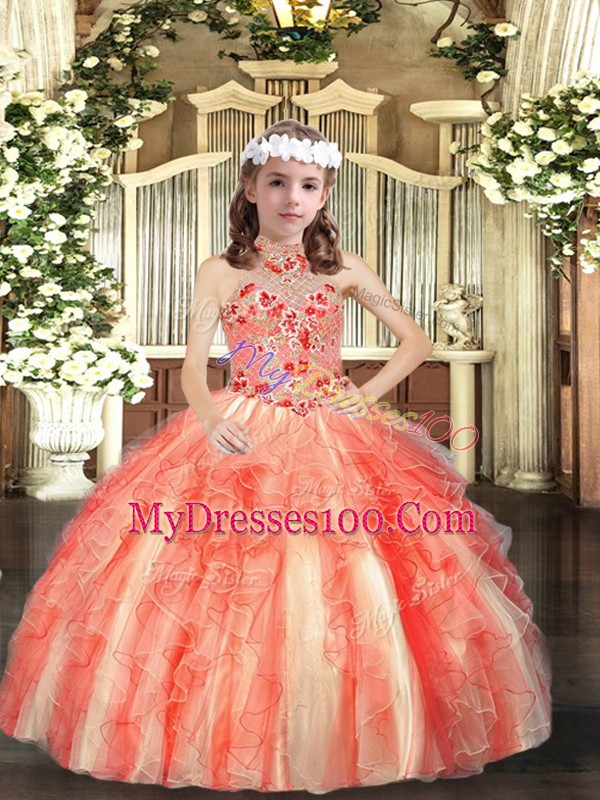 Cute Orange Red Halter Top Lace Up Appliques and Ruffles Little Girls Pageant Gowns Sleeveless