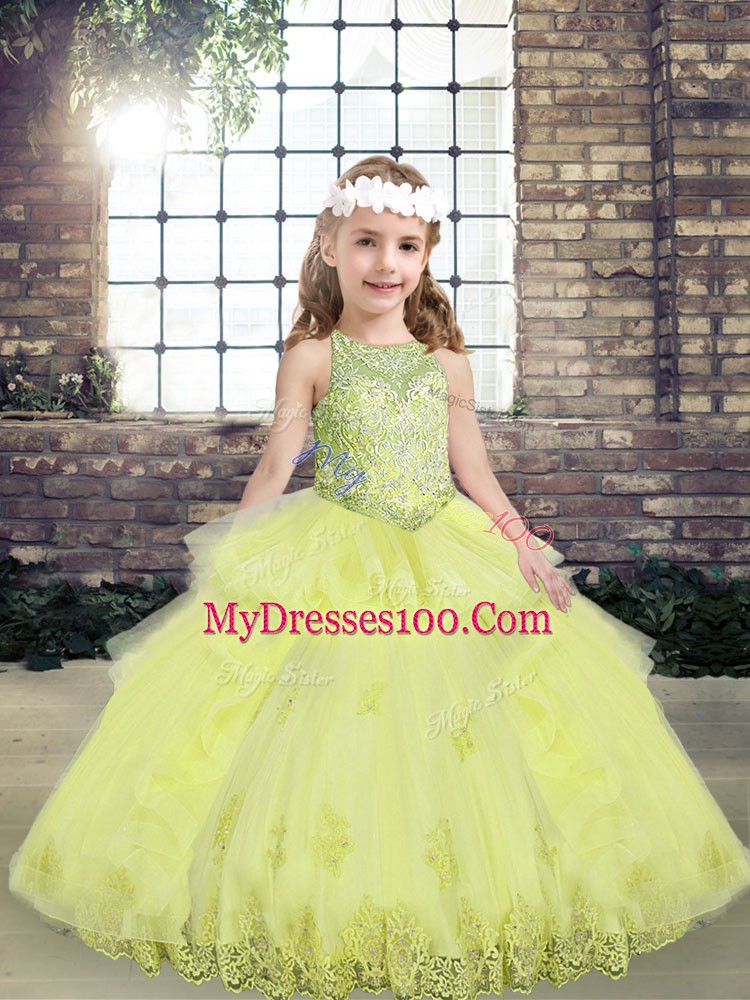 Stylish Yellow Green Lace Up Pageant Dresses Lace and Appliques Sleeveless Floor Length