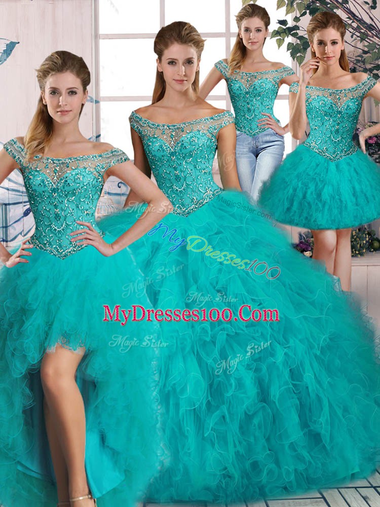 Aqua Blue Long Sleeves Brush Train Beading and Ruffles 15th Birthday Dress