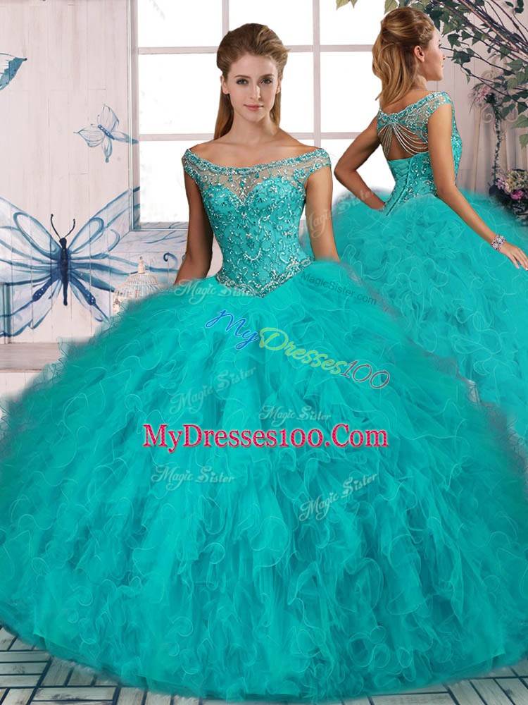 Aqua Blue Long Sleeves Brush Train Beading and Ruffles 15th Birthday Dress