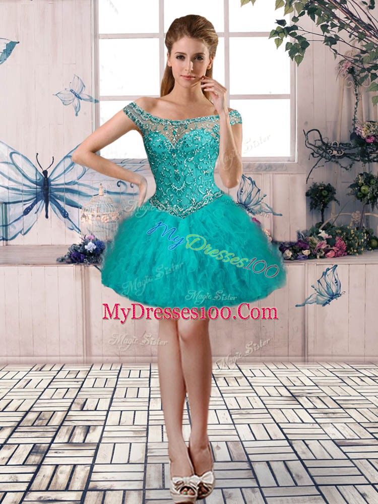 Aqua Blue Long Sleeves Brush Train Beading and Ruffles 15th Birthday Dress