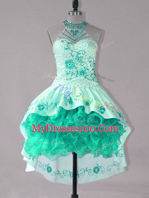 Dramatic Strapless Sleeveless Homecoming Dress High Low Embroidery and Ruffles Turquoise Satin and Organza