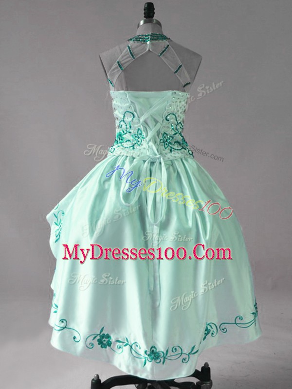 Dramatic Strapless Sleeveless Homecoming Dress High Low Embroidery and Ruffles Turquoise Satin and Organza