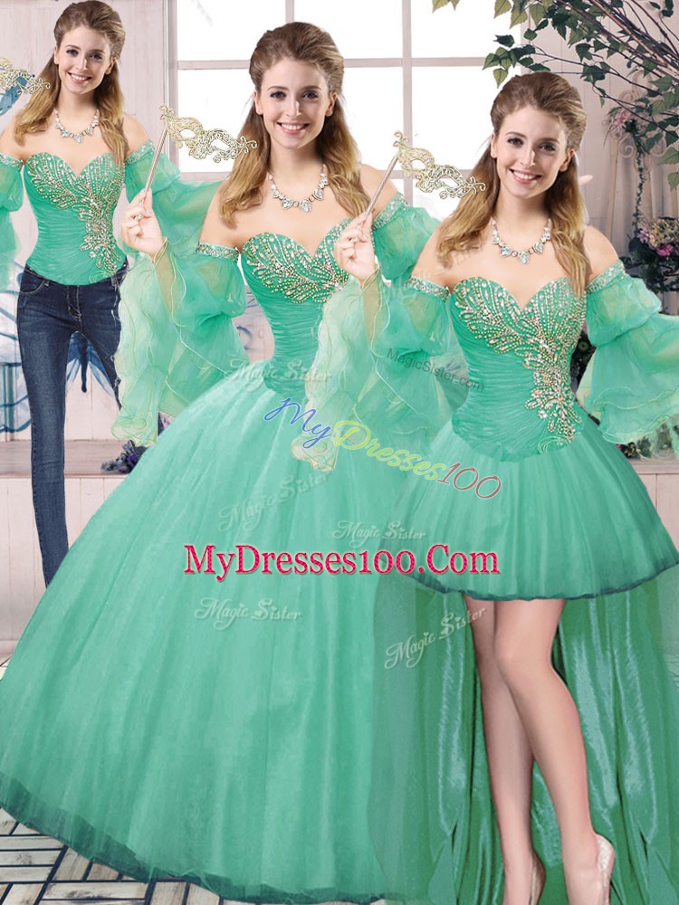 Modest Turquoise Quinceanera Gown Sweet 16 and Quinceanera with Beading Sweetheart Sleeveless Lace Up
