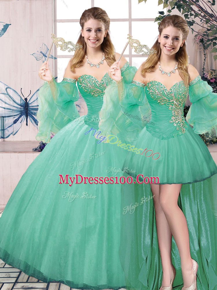Modest Turquoise Quinceanera Gown Sweet 16 and Quinceanera with Beading Sweetheart Sleeveless Lace Up
