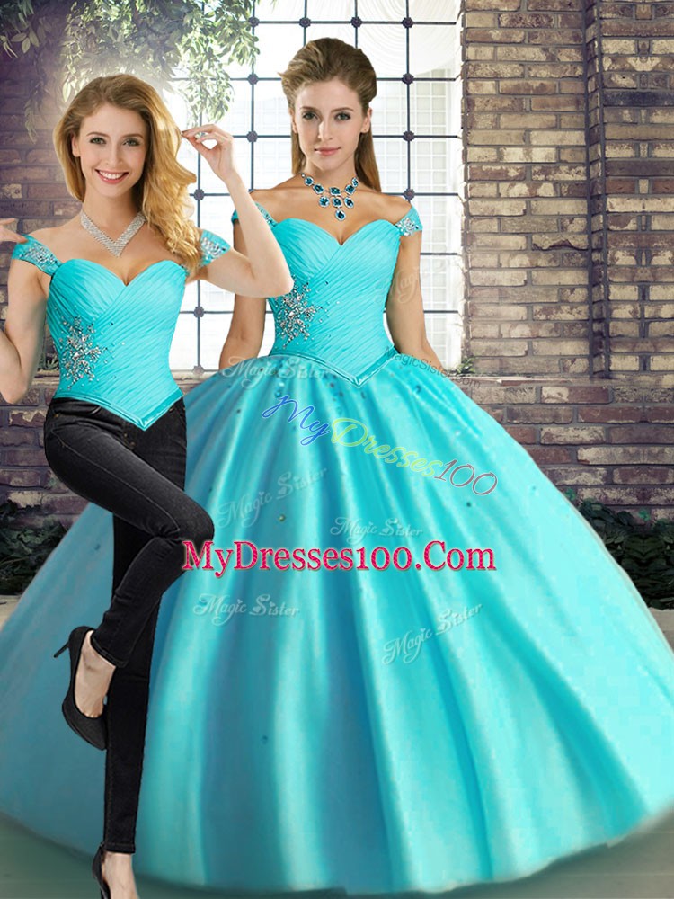 Inexpensive Aqua Blue Sleeveless Floor Length Beading Lace Up Vestidos de Quinceanera