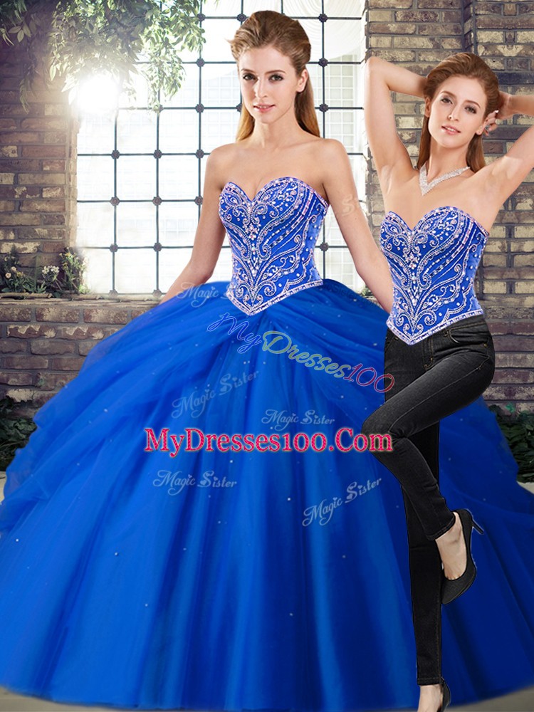 Luxury Royal Blue Tulle Lace Up Ball Gown Prom Dress Sleeveless Brush Train Beading and Pick Ups