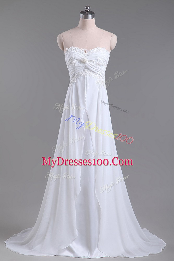 Best Selling Sweetheart Sleeveless Chiffon Wedding Dress Beading and Lace Brush Train Lace Up