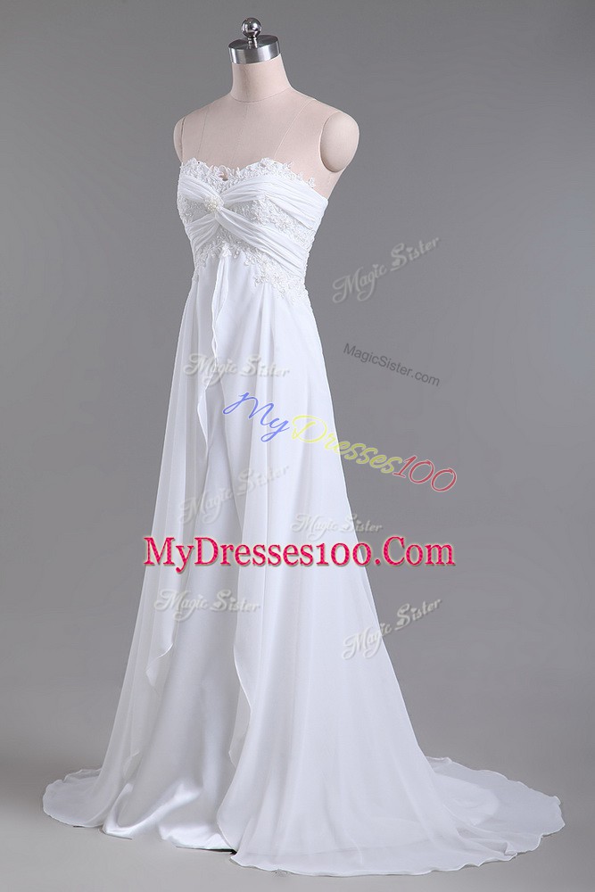Best Selling Sweetheart Sleeveless Chiffon Wedding Dress Beading and Lace Brush Train Lace Up