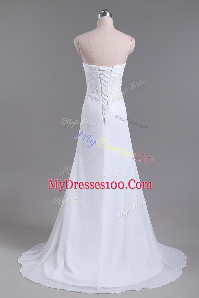 Best Selling Sweetheart Sleeveless Chiffon Wedding Dress Beading and Lace Brush Train Lace Up