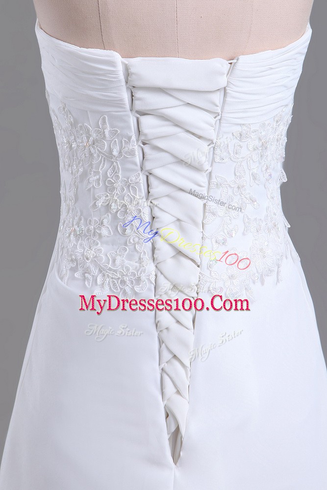 Best Selling Sweetheart Sleeveless Chiffon Wedding Dress Beading and Lace Brush Train Lace Up