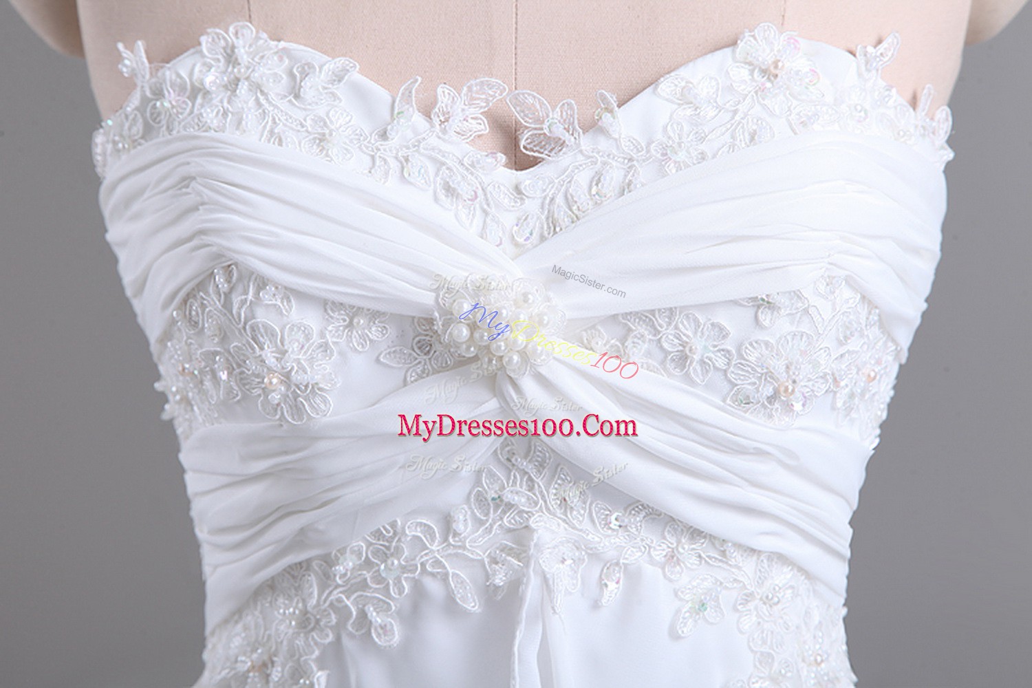 Best Selling Sweetheart Sleeveless Chiffon Wedding Dress Beading and Lace Brush Train Lace Up