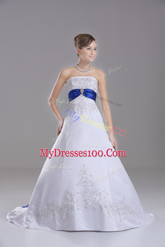 Exquisite White Strapless Lace Up Beading and Embroidery Bridal Gown Brush Train Sleeveless