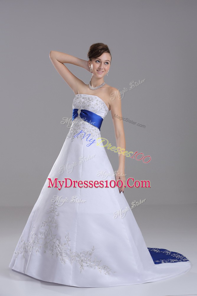 Exquisite White Strapless Lace Up Beading and Embroidery Bridal Gown Brush Train Sleeveless
