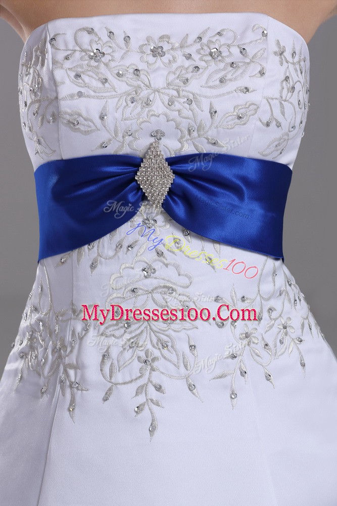 Exquisite White Strapless Lace Up Beading and Embroidery Bridal Gown Brush Train Sleeveless