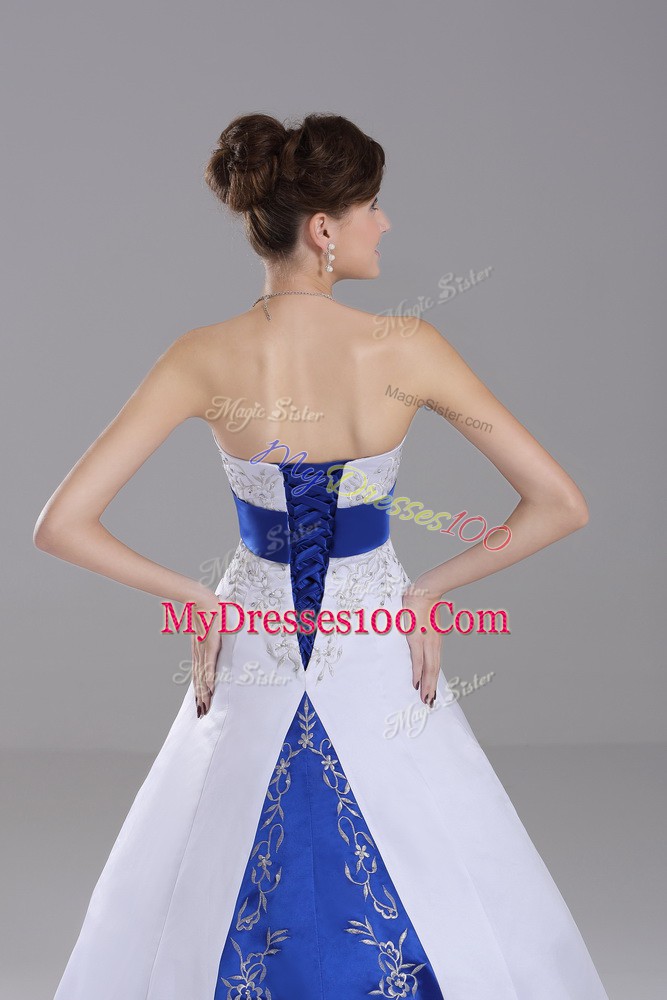 Exquisite White Strapless Lace Up Beading and Embroidery Bridal Gown Brush Train Sleeveless