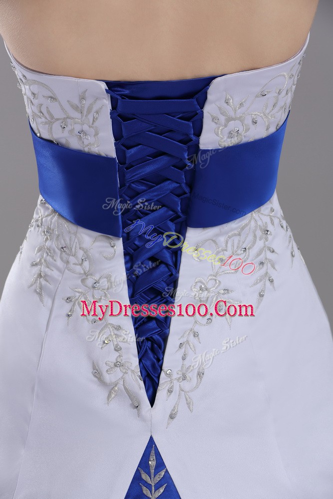 Exquisite White Strapless Lace Up Beading and Embroidery Bridal Gown Brush Train Sleeveless