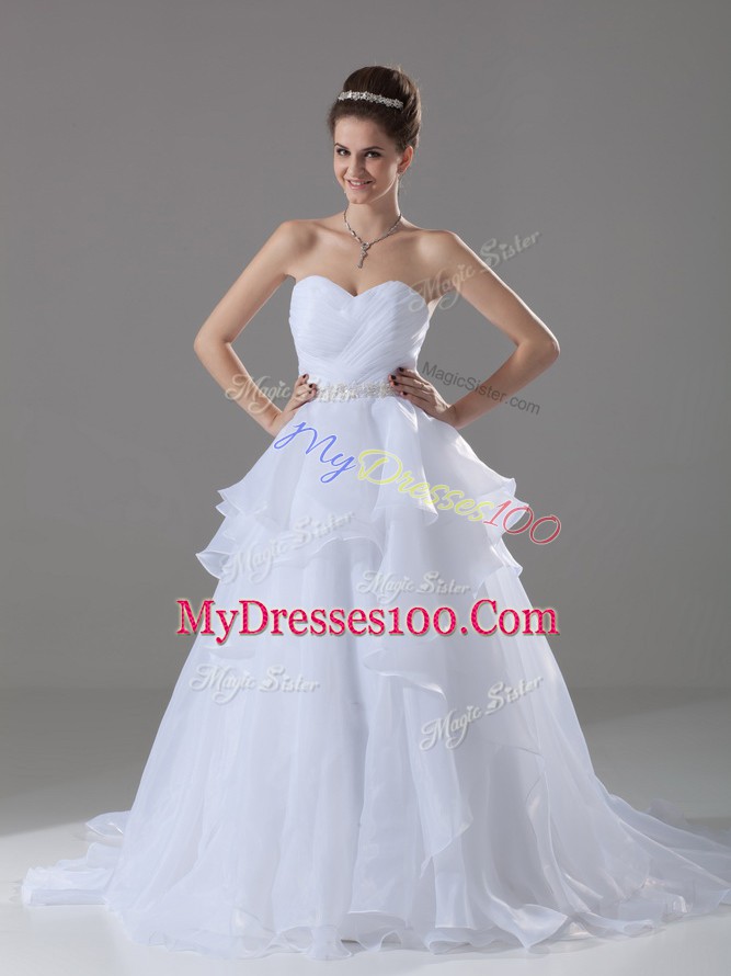 White Sleeveless Beading and Ruffles Lace Up Bridal Gown