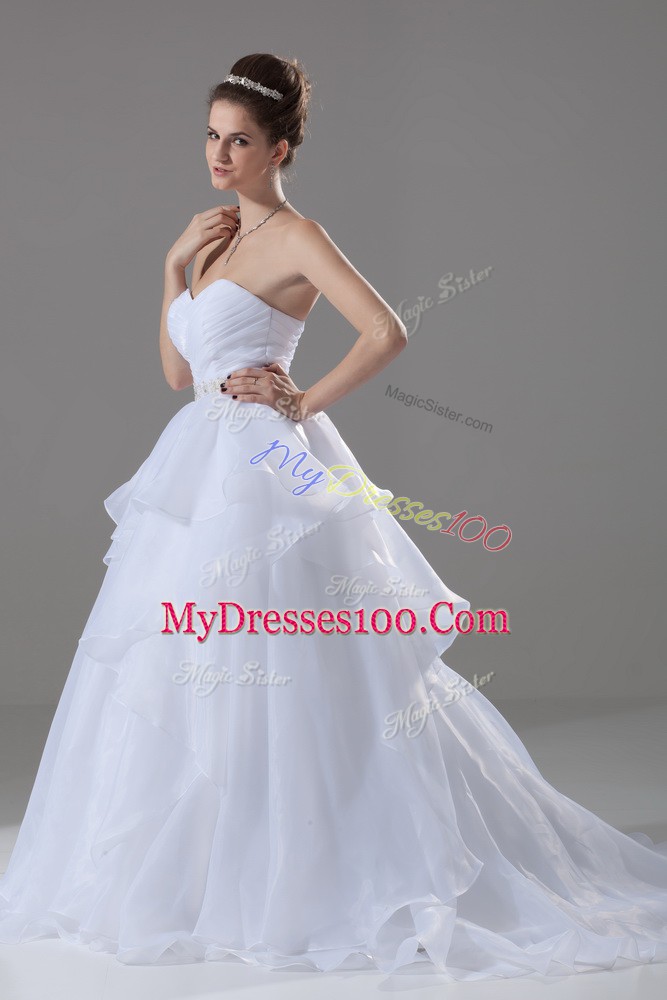 White Sleeveless Beading and Ruffles Lace Up Bridal Gown