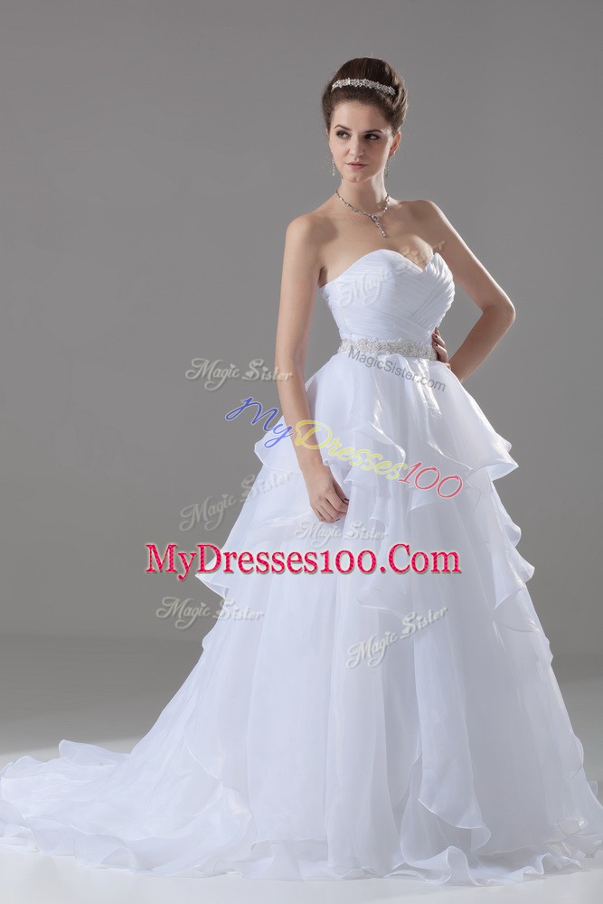White Sleeveless Beading and Ruffles Lace Up Bridal Gown