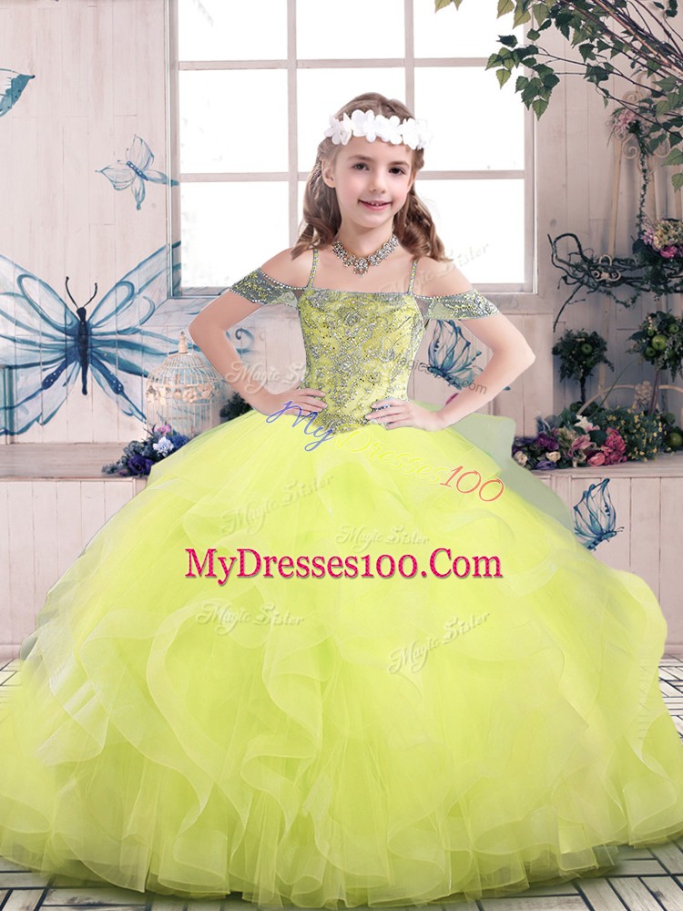 Yellow Green Off The Shoulder Neckline Beading and Ruffles Little Girl Pageant Dress Sleeveless Lace Up