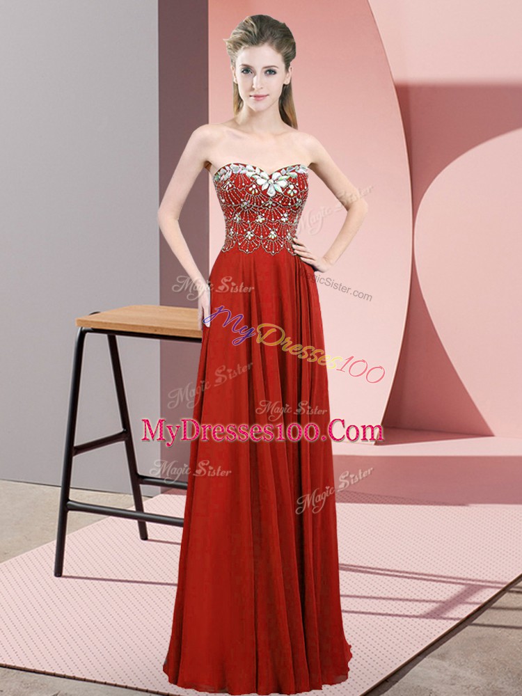 Chiffon Sweetheart Sleeveless Zipper Beading Prom Party Dress in Rust Red