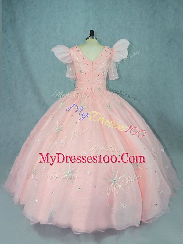 Beading Quinceanera Gowns Peach Zipper Short Sleeves Floor Length