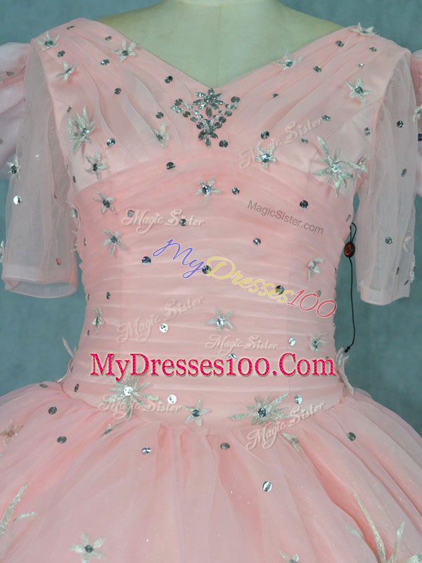 Beading Quinceanera Gowns Peach Zipper Short Sleeves Floor Length