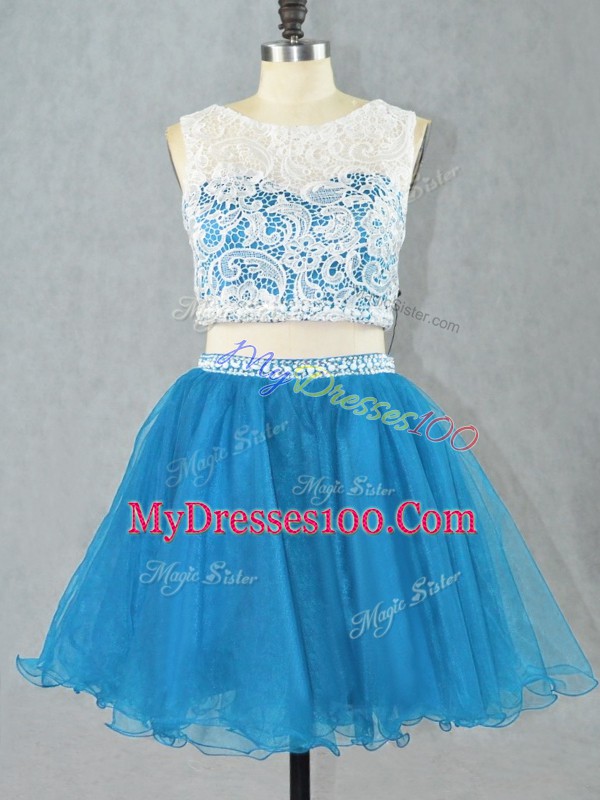 Shining Blue Two Pieces Lace Prom Party Dress Zipper Organza Sleeveless Mini Length