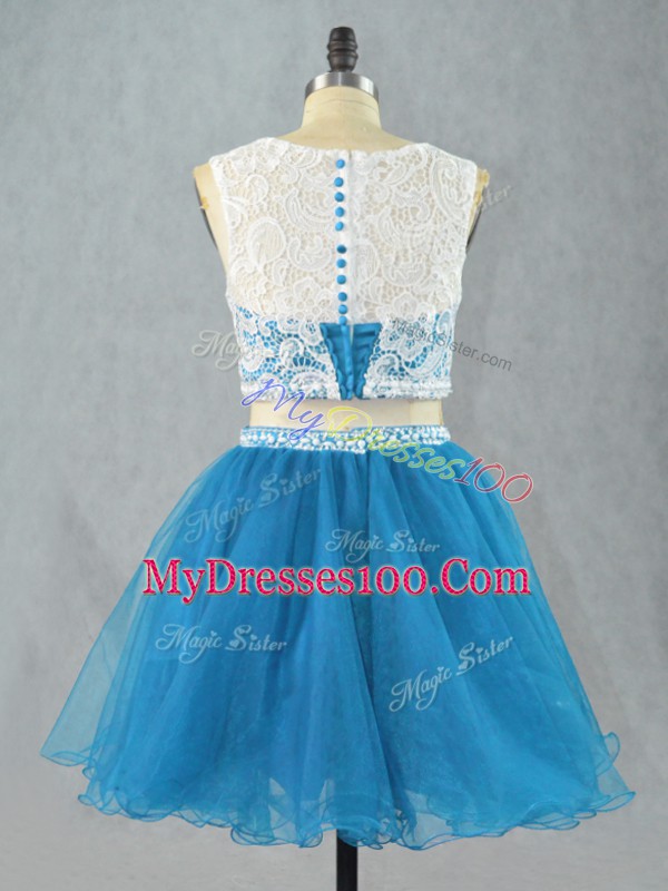 Shining Blue Two Pieces Lace Prom Party Dress Zipper Organza Sleeveless Mini Length