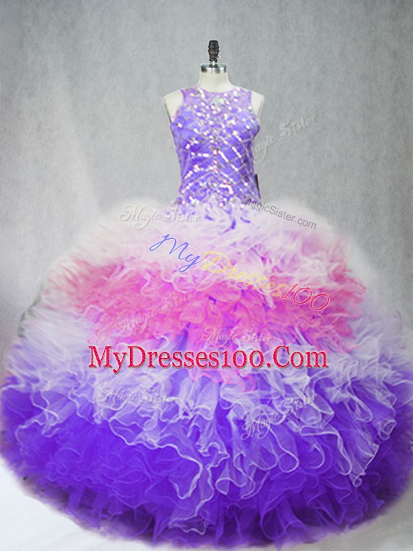 Fine Multi-color Sleeveless Floor Length Beading and Ruffles Zipper 15th Birthday Dress