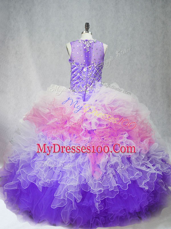 Fine Multi-color Sleeveless Floor Length Beading and Ruffles Zipper 15th Birthday Dress