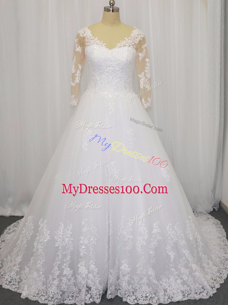 White Zipper Wedding Gowns Beading and Lace 3 4 Length Sleeve Brush Train