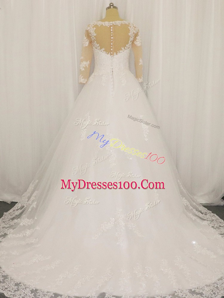 White Zipper Wedding Gowns Beading and Lace 3 4 Length Sleeve Brush Train