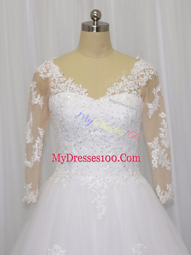 White Zipper Wedding Gowns Beading and Lace 3 4 Length Sleeve Brush Train