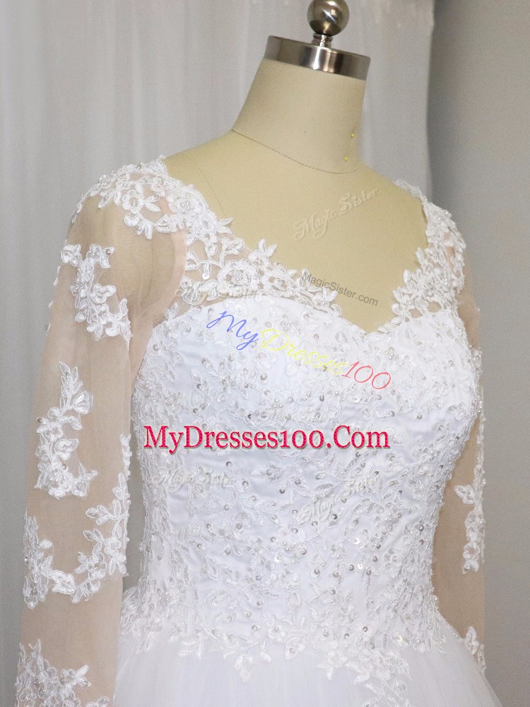 White Zipper Wedding Gowns Beading and Lace 3 4 Length Sleeve Brush Train