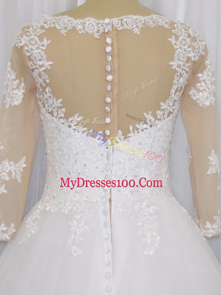 White Zipper Wedding Gowns Beading and Lace 3 4 Length Sleeve Brush Train