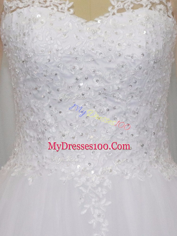 White Zipper Wedding Gowns Beading and Lace 3 4 Length Sleeve Brush Train