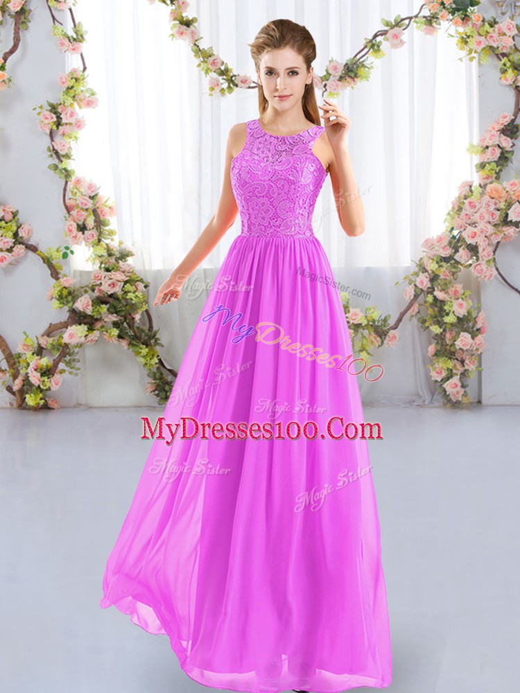 Fuchsia Sleeveless Floor Length Lace Zipper Bridesmaid Dress