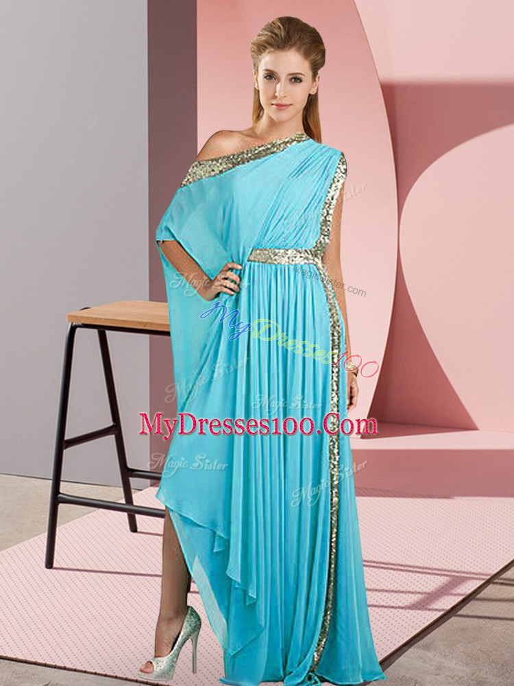 Affordable Aqua Blue One Shoulder Side Zipper Sequins Pageant Gowns Sleeveless