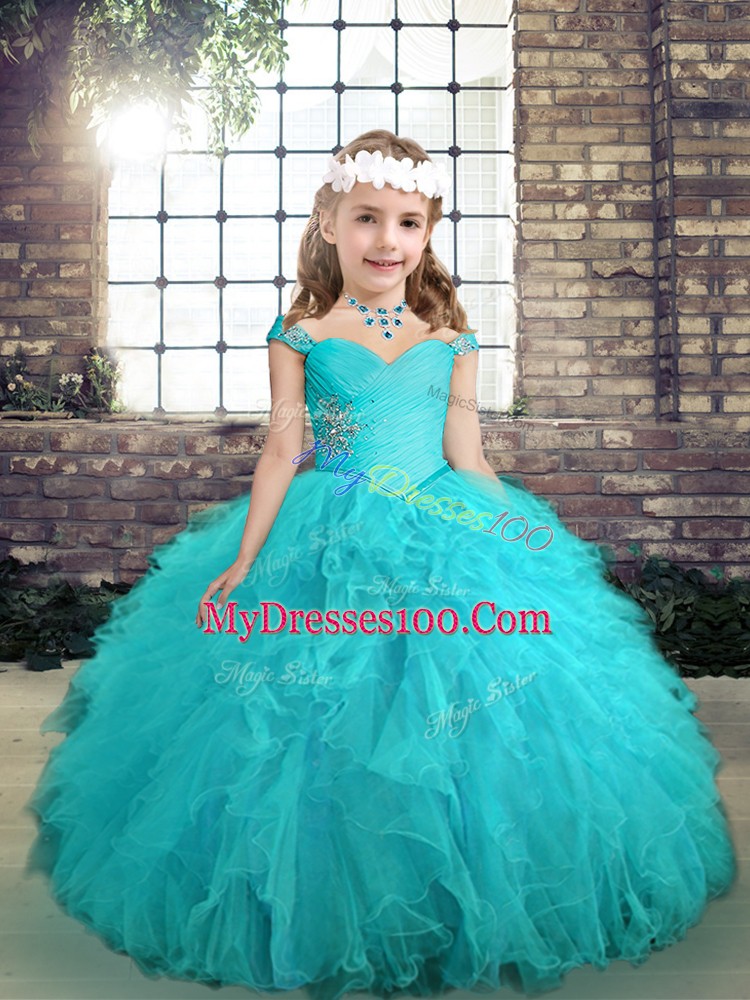 Floor Length Aqua Blue Little Girls Pageant Dress Tulle Sleeveless Beading and Ruffles