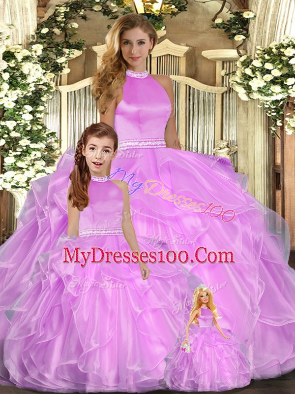 Organza Halter Top Sleeveless Backless Beading and Ruffles Quince Ball Gowns in Lilac