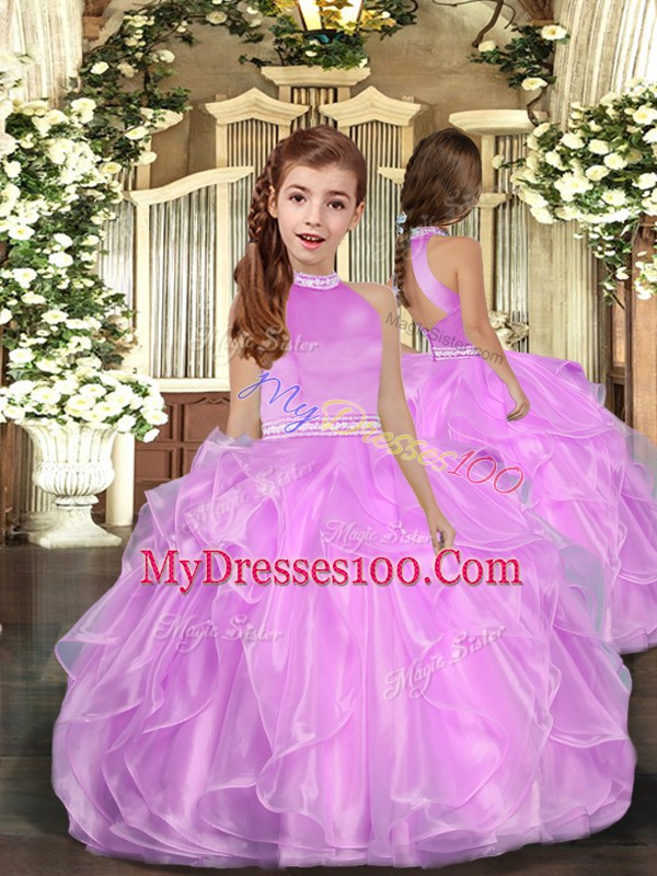 Organza Halter Top Sleeveless Backless Beading and Ruffles Quince Ball Gowns in Lilac
