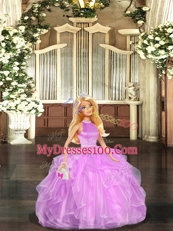 Organza Halter Top Sleeveless Backless Beading and Ruffles Quince Ball Gowns in Lilac