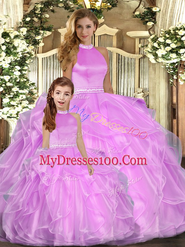 Organza Halter Top Sleeveless Backless Beading and Ruffles Quince Ball Gowns in Lilac