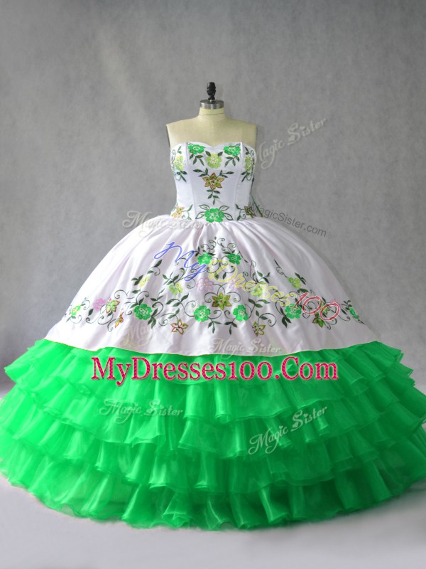 Green Ball Gowns Embroidery and Ruffled Layers 15 Quinceanera Dress Lace Up Organza Sleeveless Floor Length