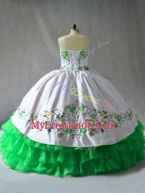 Green Ball Gowns Embroidery and Ruffled Layers 15 Quinceanera Dress Lace Up Organza Sleeveless Floor Length