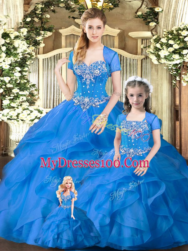 Hot Sale Floor Length Blue Sweet 16 Quinceanera Dress Sweetheart Sleeveless Lace Up